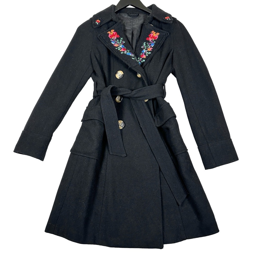Black wool Trench Coat Floral Embroidery grandma cottagecore long button pink